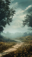 Serene countryside winding dirt path lush green trees soft morning mist peaceful untouched landscape tranquil rural beauty gentle rolling hills dreamlike artistic scenery natural scenic perspective