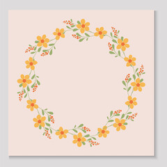 Floral Wreath with Yellow Flowers and Green Leaves in a Circular Botanical Frame. Elegant Spring Design for Invitations, Greeting Cards, or Decorative Elements. Perfect for Romantic and Nature-Themed