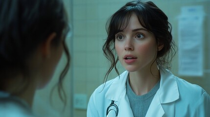 Young doctor consults colleague in hospital