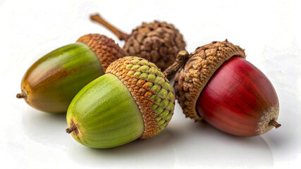 Macro Close-Up of Multicolored Acorns with Detailed Texture on White Background