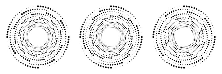 Set of halftone dots gradient pattern texture isolated on white background. Straight dotted spots using halftone circle dot raster texture. Vector blot half tone collection.