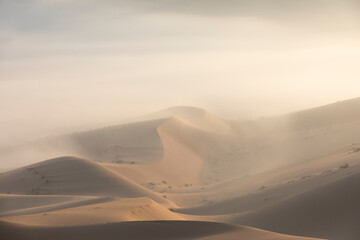 Sand dunes of Liwa desert in fog during sunrise hours.