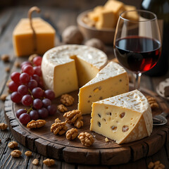 Gourmet Cheese Board with Red Wine and Grapes