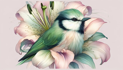 Charming Green Bird Nestled Among Soft Lily Petals