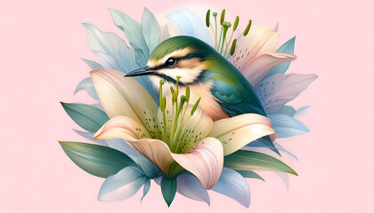 Green and Blue Bird Perched on a Lily Blossom