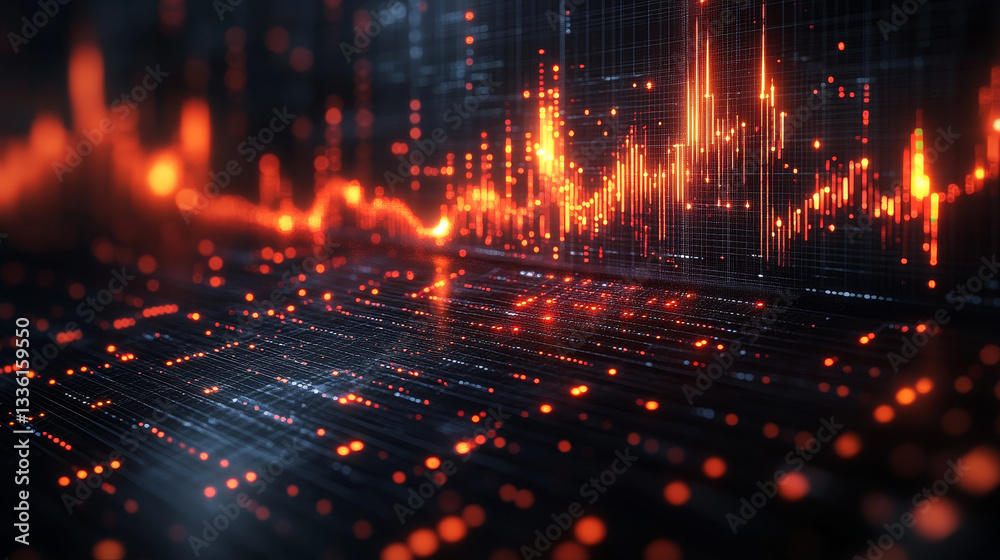 Poster dynamic data visualization with glowing lines and dots representing growth trends