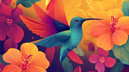 Naklejka premium Vibrant Hummingbird Amidst Tropical Blooms