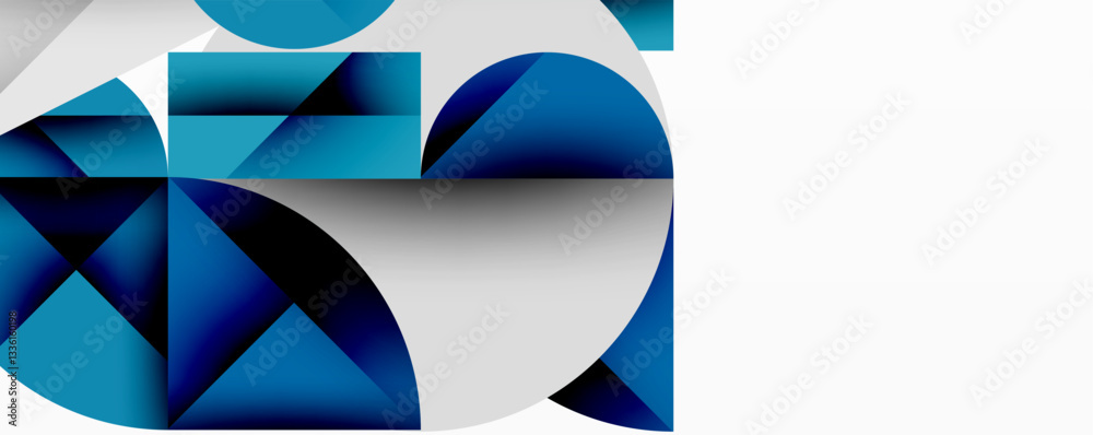 Poster Abstract geometric design with intersecting circles, triangles, squares and sharp angles creating a layered composition with gradients, depth, and contrast