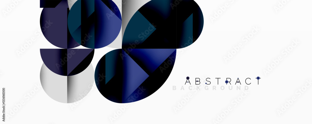 Poster Modern abstract composition with layered circles and angular segments featuring gradients, transparency effects, and a structured geometric layout