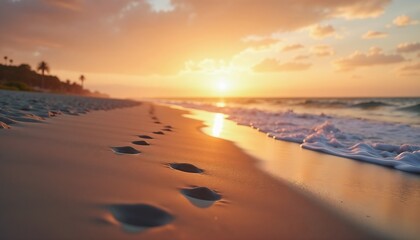 Fototapeta premium Sunset on beach with footprints with serene mood