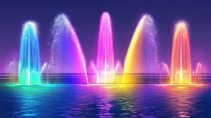 Five Colorful Animated Fountains Projecting Water Into The Air