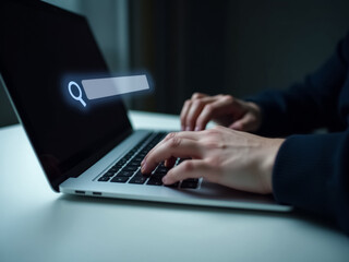 person actively searching for information online using a laptop