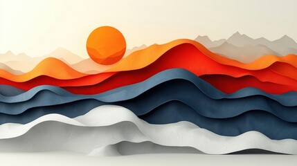Fototapeta premium Abstract Layers of Colorful Waves with Rising Sun and Mountain Landscape in Minimal Style