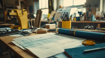 Creative Workspace with Tools and Blueprints for Design Projects