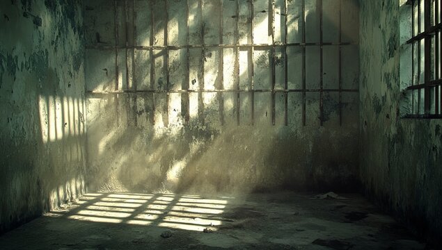 A Depictive Impression of a Grimy, Sun-Drenched Prison Cell, Highlighting the Shadows and Despair Within.
