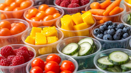 Plastic cups overflowing with colorful fresh fruit and vegetables promoting healthy eating habits