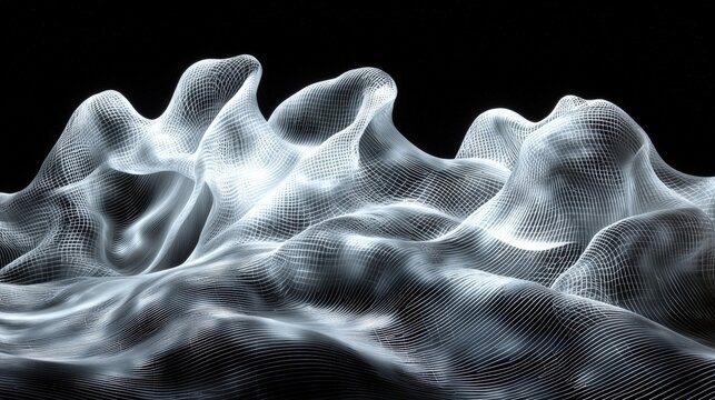 Ethereal Wireframe Waves in Monochrome Hues Against a Black Background for Abstract Art