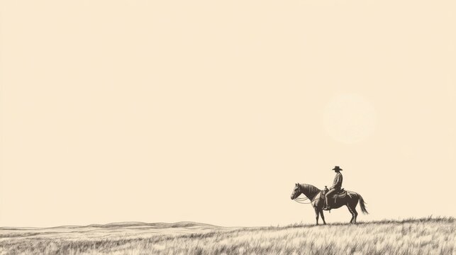 Lone cowboy on horseback silhouetted against a vast, pale sky on a prairie.