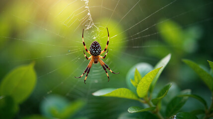 Spider on web in sunlit garden setting