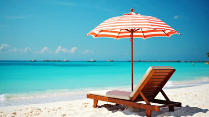Tropical beach paradise with sun lounge and striped umbrella for summer relaxation