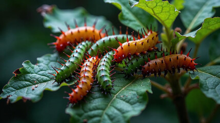 Vibrant caterpillars on leaf in lush nature setting