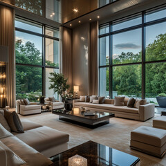 Luxurious modern living room with sleek furniture, neutral tones, and floor-to-ceiling windows, epitomizing the refined style of top interior designers in Washington ...
