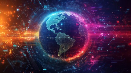 Obraz premium Digital illustration of Earth surrounded by colorful circuitry, representing the global connections of technology and sustainability.
