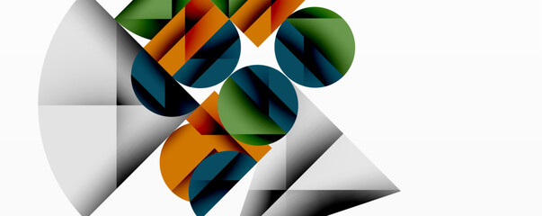 Abstract geometric design with intersecting circles, triangles, squares and sharp angles creating a layered composition with gradients, depth, and contrast
