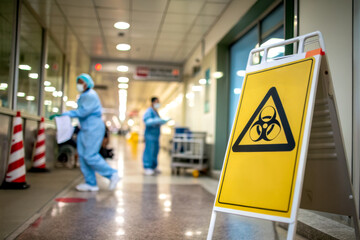 A biohazard warning sign in a hospital corridor, indicating caution in an area where hazardous materials are present, while healthcare workers are seen in protective gear.