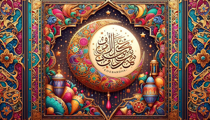 Eid Mubarak Art with Vibrant Crescent and Arabic Calligraphy