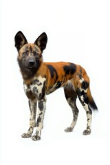 A striking portrait of an African wild dog, standing alert against a bright white background