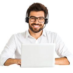 The Face of Support: A smiling man, clad in a white shirt and spectacles, with a headset and laptop in front of him, ready to solve your problems. A symbol of modern customer service.