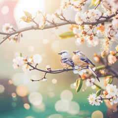 Obraz premium Two small birds perched on a blossoming tree branch with white flowers, bathed in warm sunlight. A dreamy bokeh background enhances the springtime feel