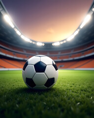 close-up view of a classic soccer ball on a green field in a lit stadium