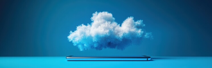Cloud hovering above a smartphone on a blue background.