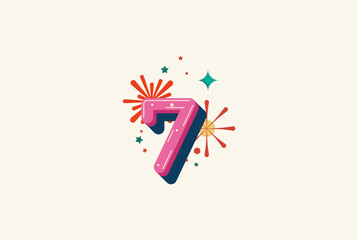 Logo Number Colorful 7th, 7th Happy Birthday or Anniversary with fireworks concept. Happiness and funny design concept.
