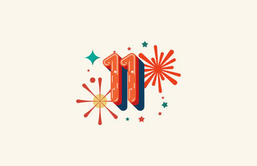 Logo Number Colorful 11th, 11th Happy Birthday or Anniversary with fireworks concept. Happiness and funny design concept.