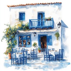 Obraz premium Charming blue and white cafe on a sunny day with outdoor seating in a coastal village