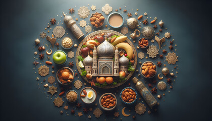 Artistic Food Platter with Taj Mahal Motif Surrounded by Dates and Fruits