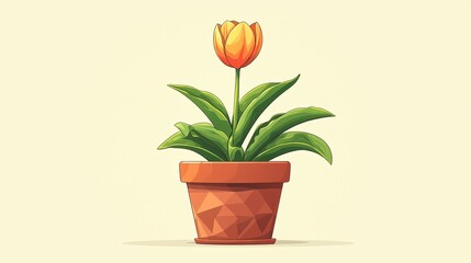 Vibrant Orange Tulip Blooming in a Decorative Flower Pot with Green Leaves on a Soft Background