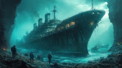 Fototapeta premium Sunken warship, explorers, underwater cave, stormy seas