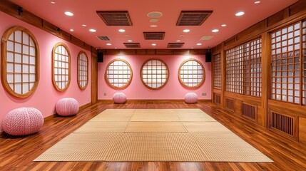 Fototapeta premium Cozy and Elegant Interior of a Modern Japanese Style Room with Pink Walls and Wooden Accents