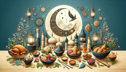 Ramadan Celebration with Crescent Moon and Middle Eastern Cuisine