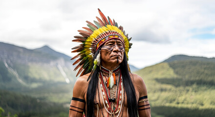 Fototapeta premium Majestic portrait of a proud indigenous leader set against a breathtaking mountain backdrop