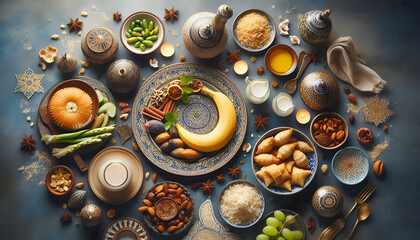 Traditional Iftar Feast with Fruits, Dates, and Decorative Table Setup