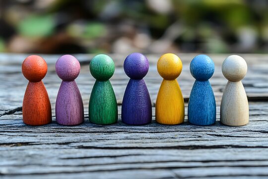 Diversity and inclusion concept with wooden people figures of different color including wheelchair user