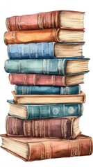 A watercolor illustration depicts a tall and colorful stack of books