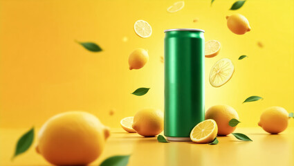 green beverage can with fresh and citrus slices floating dynamically against a vibrant yellow background