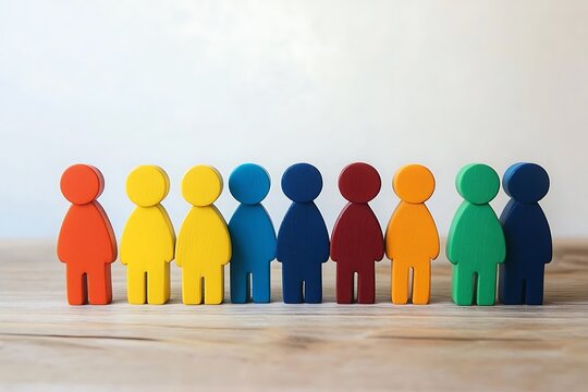 Diversity and inclusion concept with wooden people figures of different color including wheelchair user