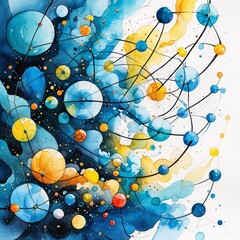 A vibrant and intricate watercolor illustration of an abstract data model, teeming with delicate, swirling shapes in shades of cerulean blue and sunshine yellow, representing the intricate dance